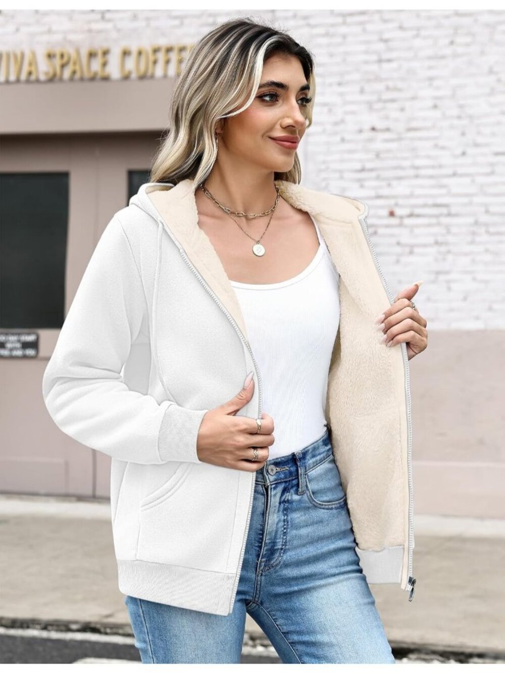 Women's White Fleece Lined Drawstring Hooded Kangaroo Casual Winter Jackets - Picture 4 of 6